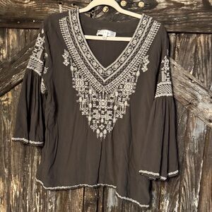 Chelsea & Theodore Grey with White Embroidered Blouse